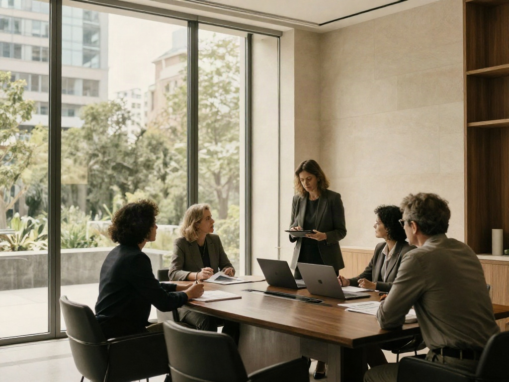 Consultants discussing corporate strategy in a sunlit contemporary boardroom